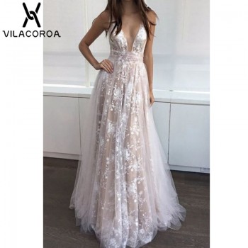 White Perspective Lace V-neck Sequin Floor-Length Maxi Dress Open back Long Dress 